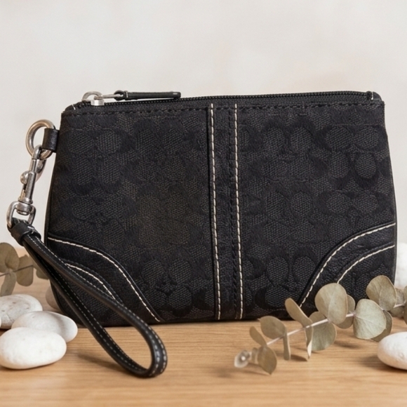 Coach Handbags - Vintage Coach Black Signature C Wristlet White Contrast Stitching Y2K